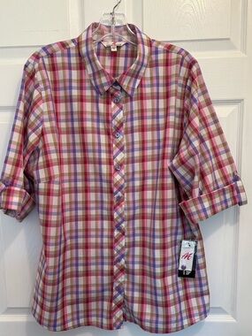 Morgan Crossing Pink Plaid Button-Up 3/4 Sleeve Blouse Women’s Size 16